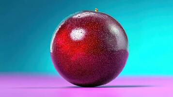 Close-up of a vibrant passionfruit against a colorful background. photo
