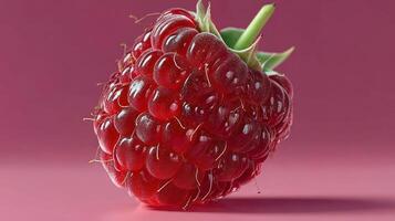 A juicy, ripe raspberry with vibrant red color and green stem. photo