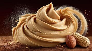 Close-up of peanut butter swirl with peanuts. photo