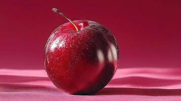 A close-up of a ripe, juicy plum on a pink surface. photo