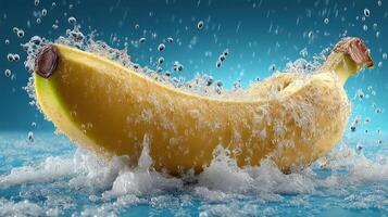 Banana submerged in water, creating a splash effect. photo