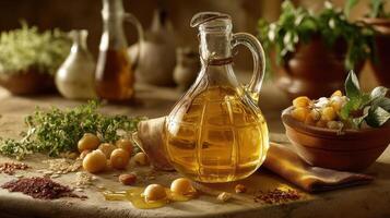 Oil, dates, and herbs - a rustic food still life. photo