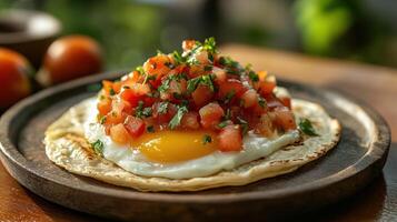 Sunny-side up egg with fresh tomato salsa on a wooden plate. photo