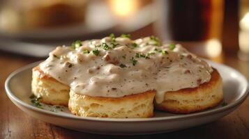 Fluffy buttermilk biscuits with creamy gravy and fresh herbs. photo