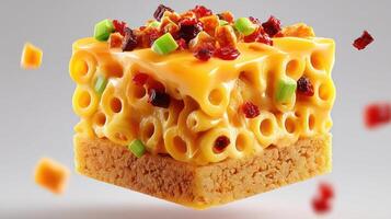 Close-up of a cheesy macaroni cube with green onions and bacon. photo