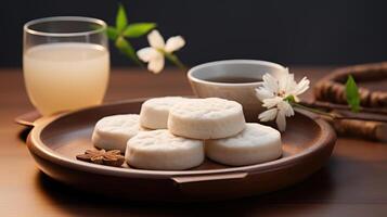 Tapioca pudding with flowers and a cup of tea. photo