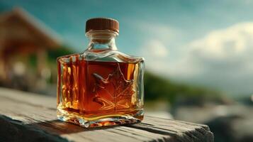 Whiskey bottle on wooden surface, scenic background. photo