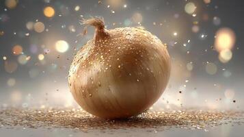 Close-up of a yellow onion with bokeh lights. photo
