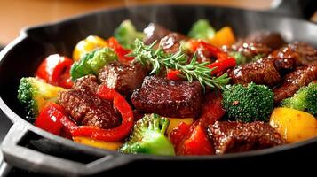 Seared steak with roasted vegetables and rosemary. photo
