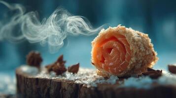 Smoked salmon roll with delicate presentation and subtle smoke. photo
