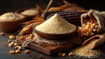 Corn meal in a wooden bowl, rustic still life. photo