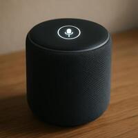 Smart Speaker Device on Wooden Table with Voice Assistant Icon in Soft Natural Light, Modern Home Technology for Hands Free Convenience photo