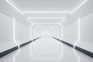Empty futuristic white corridor with geometric walls and LED lighting. Sci-fi spaceship interior background. Technology and innovation concept. Centered perspective view photo