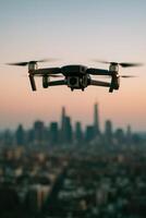 Drone Flying Over Cityscape with Shallow Depth of Field Capturing Urban Skyline at Sunset photo