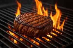 Juicy Grilled Steak on Flaming Barbecue Grill with Soft Natural Light in a Rustic Outdoor Setting for Food Enthusiasts and Culinary Experiences photo