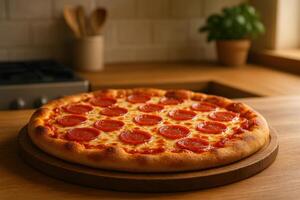 Delicious Pepperoni Pizza with Melting Cheese on Wooden Board in Cozy Kitchen Setting with Soft Natural Light photo