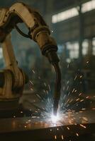 Industrial Robotic Arm Welding Metal With Sparks Flying in Soft Natural Light Capturing Modern Manufacturing Processes and Advanced Technology in a Workshop Setting photo