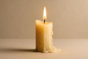 Burning Candle with Melting Wax Illuminated by Soft Natural Light, Symbolizing Time Passing and Tranquility in Minimalist Setting photo
