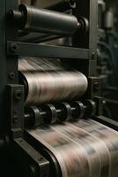 Printing Press Machine In Action With Soft Natural Light Highlighting Industrial Details, Capturing Motion, Traditional Printing Process, Metal Components, And Blurred Newspaper Rolls photo