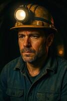Miner Wearing Helmet Lamp in Underground Tunnel With Dim Ambient Lighting and Sturdy Workwear Capturing Resilience photo