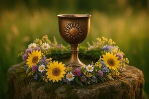 Decorative Goblet with Sun Pattern on Mossy Stone Surrounded by Wildflowers for Midsummer Celebration and Kupala Night Festival During Summer Solstice Rituals photo