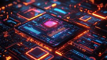 Futuristic Circuit Board Design with Glowing Neon Lines and Components, Technological Abstract Illustration. photo