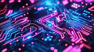 Futuristic Circuit Board Design with Glowing Pink and Blue Lines, Technology Abstract Background for Digital Innovation. photo