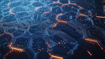 Futuristic Circuit Board Design with Hexagonal Grid and Flowing Orange Data Signals, HighTech Network Concept. photo