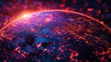 Futuristic Circuit Board Globe with Glowing Light Nodes and Network Connections in Neon Hues photo
