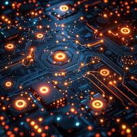 Futuristic Circuit Board Glowing Electronic Components and Intricate Network of Connections for Technology Backgrounds. photo