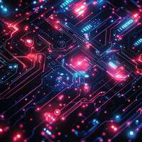 Futuristic Circuit Board Glowing with Blue and Red Lights, HighTech Computer Motherboard Design Background photo