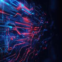 Futuristic Circuit Board Network Neon Blue and Red Data Flow Background for Tech and Innovation Visuals photo