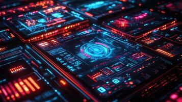 Futuristic Circuit Board Technology Neon Blue and Red Grid, Data Flow, Artificial Intelligence, Computing, Abstract Tech Design photo