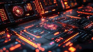Futuristic Circuit Board Texture with Glowing Red Lights, HighTech Motherboard Design for Science, Technology and Data Concepts. photo
