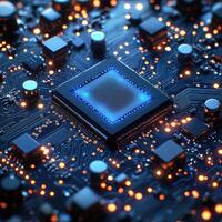 Futuristic Circuit Board with Glowing Components and Blue Light Central Processing Unit, High Tech Design photo