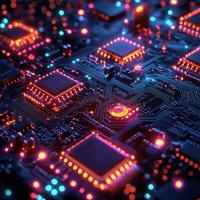 Futuristic Circuit Board with Glowing Components and Data Pathways, HighTech Computer Hardware Abstract. photo