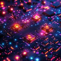 Futuristic Circuit Board with Glowing Components and Vibrant Lights High Tech, Artificial Intelligence, and Connectivity photo