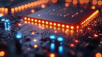 Futuristic Circuit Board with Glowing Components Digital Technology, Microchip, Motherboard, Processor High Tech Concept photo