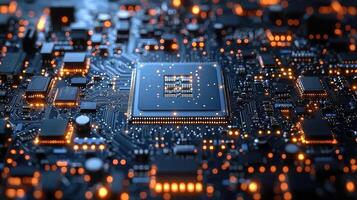 Futuristic Circuit Board with Glowing Components Technology, Innovation, and Connectivity Concept for Microstock Use. photo