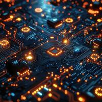 Futuristic Circuit Board with Glowing Components, Digital Network, Technology Concept, Data Flow, Modern Design, HighTech Feel photo