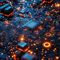 Futuristic Circuit Board with Glowing Components, HighTech Innovation Concept, Data Flow, and Electronic Connectivity. photo