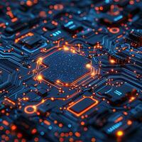 Futuristic Circuit Board with Glowing Components, HighTech Motherboard Design, Abstract Technology Background photo