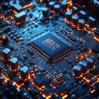 Futuristic Circuit Board with Glowing Connections and a Central Microchip, Depicting Technology and Connectivity photo