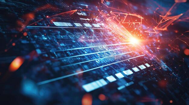 Futuristic Circuit Board with Glowing Connections Artificial Intelligence, Machine Learning, and Data Processing Abstract Concept. photo