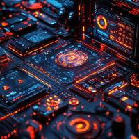 Futuristic Circuit Board with Glowing Details HighTech Interface Displaying Advanced Data and Complex Systems photo