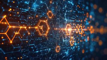 Futuristic Circuit Board with Glowing Hexagons Technology, Network, Data, and Connection Abstract Background photo