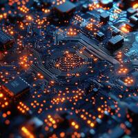 Futuristic Circuit Board with Glowing Orange Light High Tech Innovation, Artificial Intelligence and Data Processing Concept photo