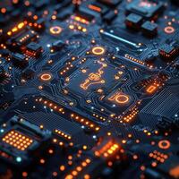Futuristic Circuit Board with Glowing Orange Lights High Tech Background for Technology, Engineering, and Innovation photo