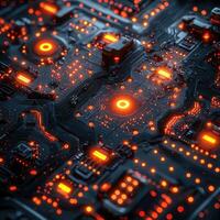Futuristic Circuit Board with Glowing Orange Lights HighTech Background for Technology, Data, and Artificial Intelligence Concepts photo
