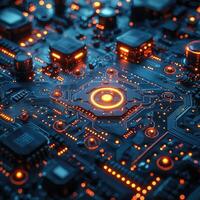 Futuristic Circuit Board with Glowing Orange Lights HighTech Design, Data Processing, Artificial Intelligence Concept. photo